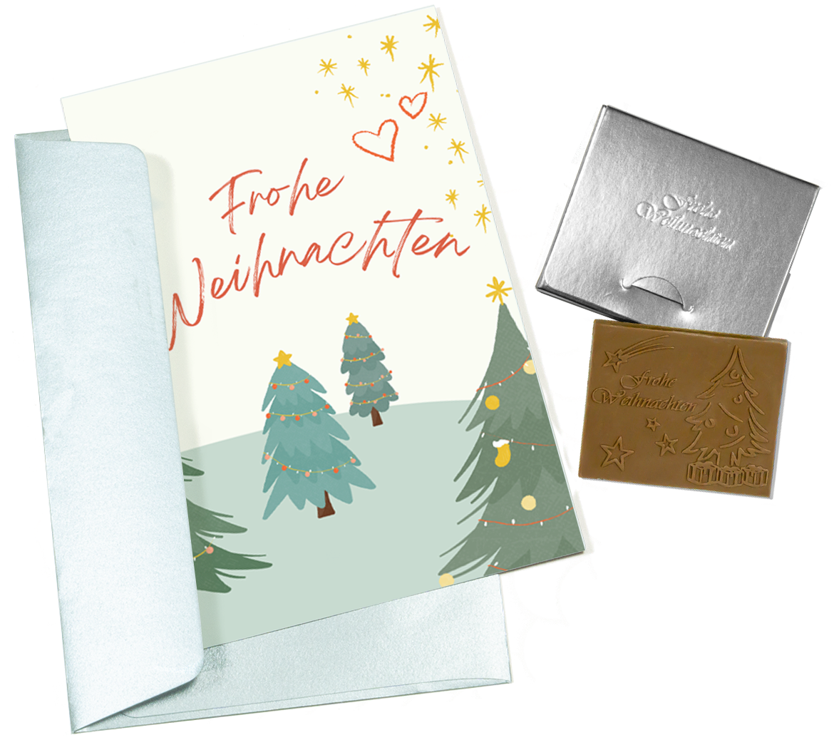 Christmas cards with embossed chocolate in a silver box, set of 5, card design: Christmas trees, embossed chocolate: "Frohe Weihnachten", envelope in silver