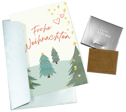 Cartes de Noël avec chocolat en relief dans une boîte en argent, lot de 5, motif de carte : sapins de Noël, chocolat en relief : "Frohe Weihnachten", enveloppe en argent