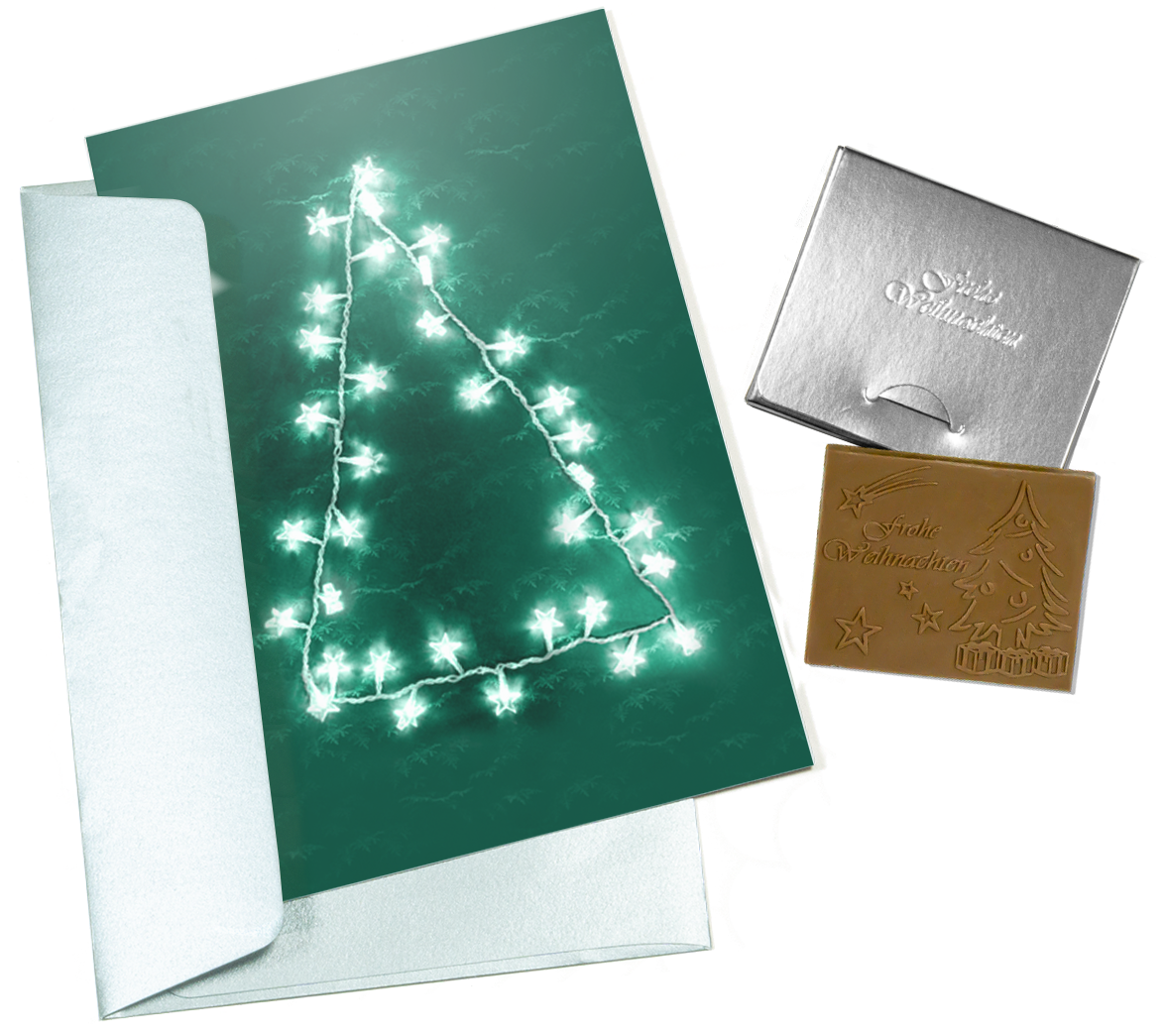 Christmas cards with embossed chocolate in a silver box, set of 5, card design: Christmas tree Lights, embossed chocolate: "Frohe Weihnachten", envelope in silver