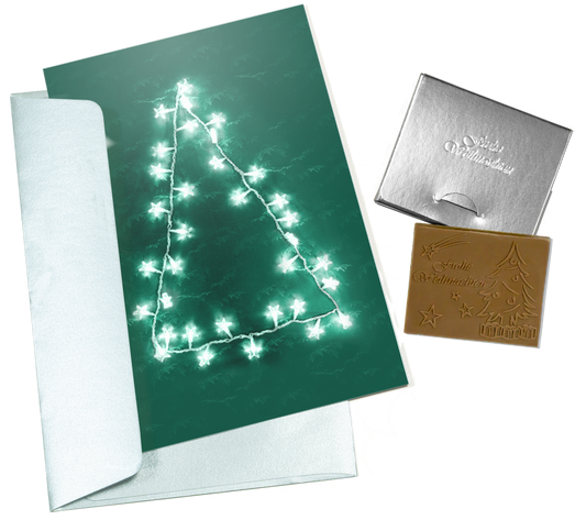 Cartes de Noël avec chocolat en relief dans une boîte en argent, lot de 5, motif de la carte : sapin de Noël, chocolat en relief : "Frohe Weihnachten", enveloppe en argent