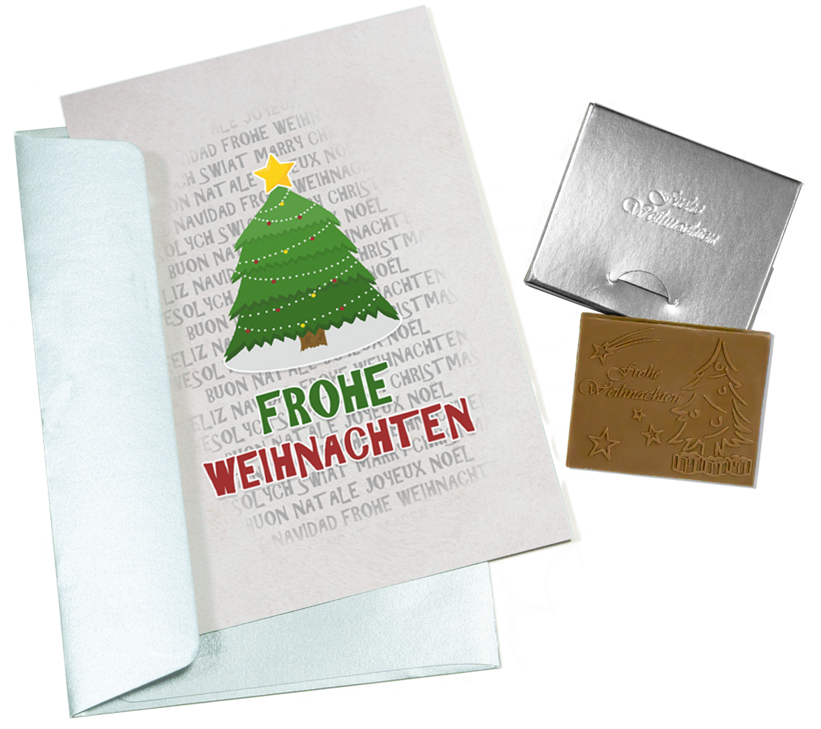 Christmas cards with embossed chocolate in a silver box, set of 5, card design: Christmas wishes multi Lang, embossed chocolate: "Frohe Weihnachten", envelope in silver