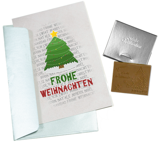 Tarjetas de Navidad con chocolate en relieve en caja dorada, juego de 5, diseño de tarjeta: cielo azul oscuro con árbol de Navidad, chocolate en relieve: "Frohe Weihnachten", sobre dorado