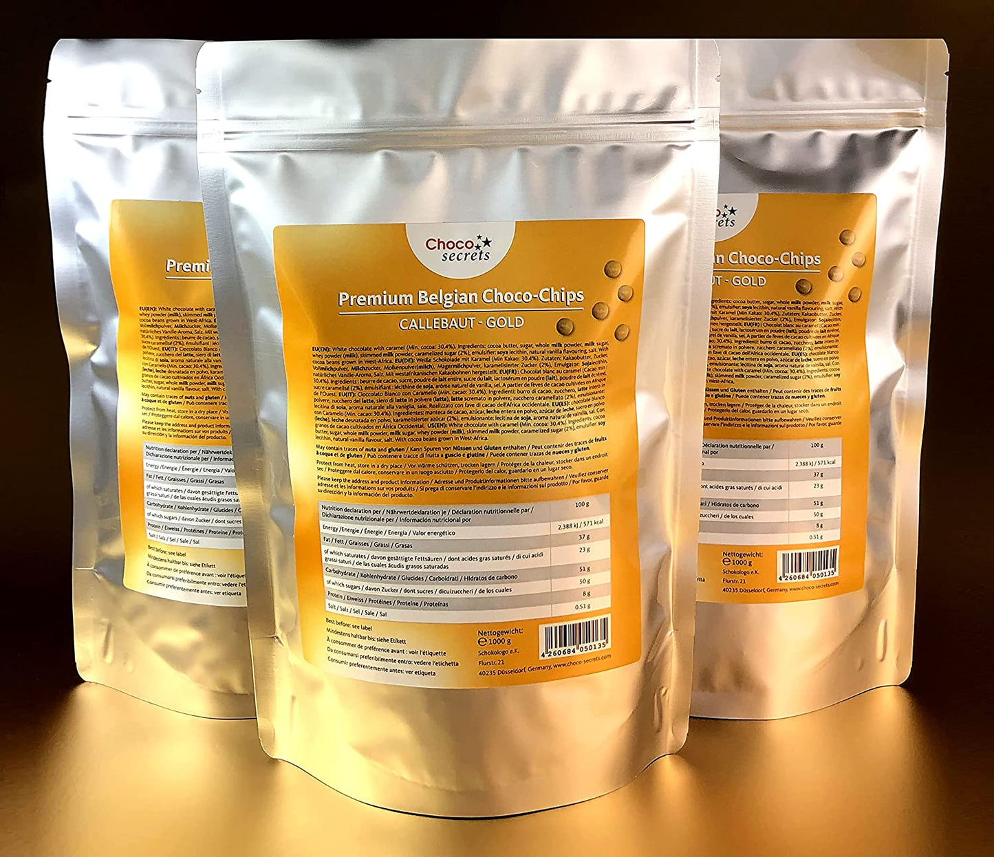 Callebaut Gold 30.4% Finest Belgian Caramel Chocolate Chips 1 kg, in a resealable bag