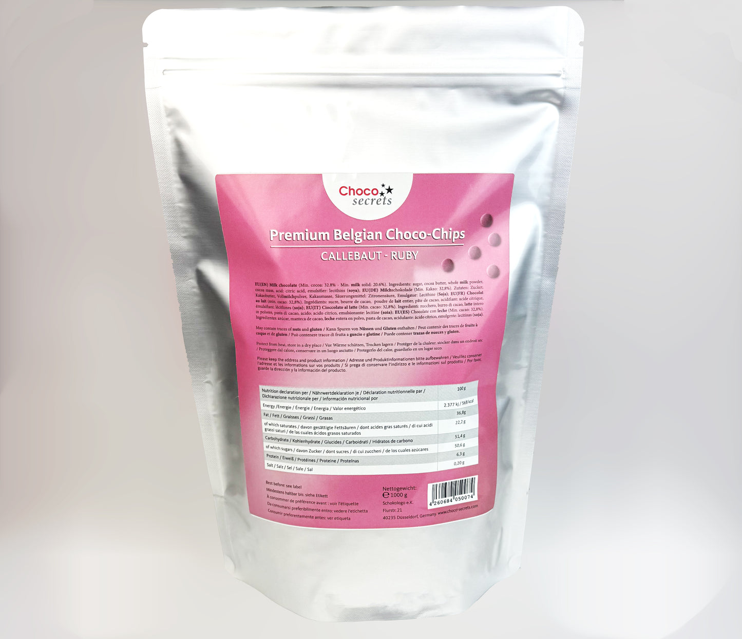 Callebaut Ruby RB2 - 32.8% Finest Belgian Ruby Chocolate Chips 1 kg, in a resealable Bag