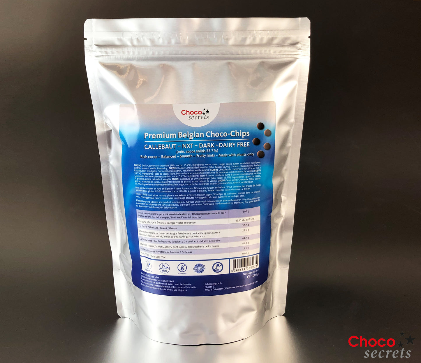 NXT DARK 55.7% - Dairy-Free VEGAN dark Chocolate, 1 kg, in a resealable Bag