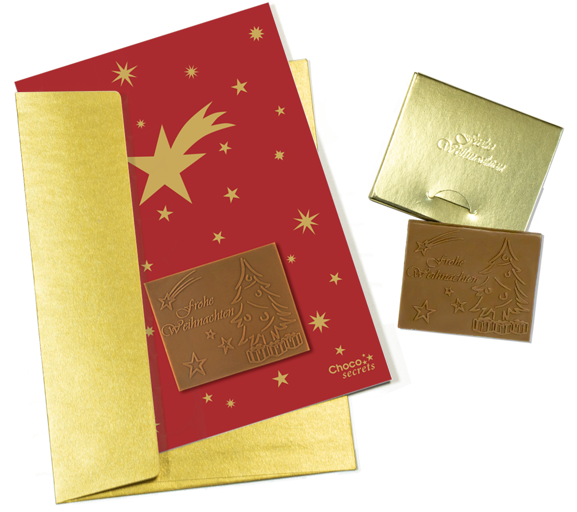 Weihnachtskarten mit Schokoladenprägung in Goldbox, 5er-Set, Kartendesign: Rot mit goldenen Sternen, Schokoladenprägung: „Frohe Weihnachten“, Umschlag in Gold