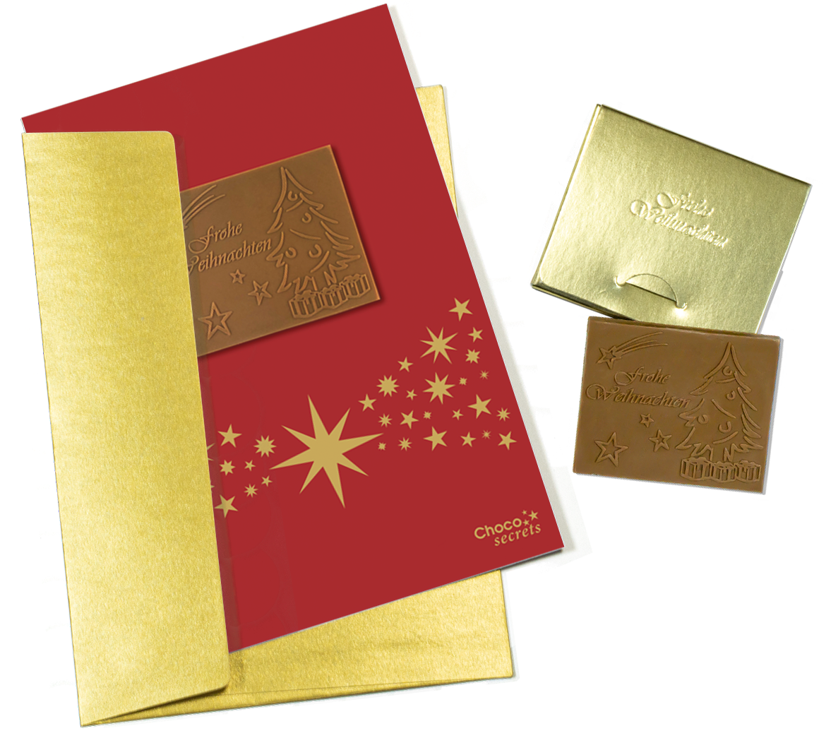 Weihnachtskarten mit Schokoladenprägung in Goldbox, 5er-Set, Kartendesign: rot mit Sternenband, Schokoladenprägung: „Frohe Weihnachten“, Umschlag in Gold