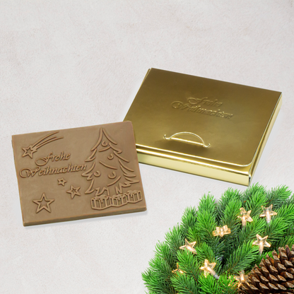 DIY Schoko-Weihnachtstafel zum selber kleben auf eine Weihnachtskarte | Schachtel und Schokolade mit Prägung: „Frohe Weihnachten“