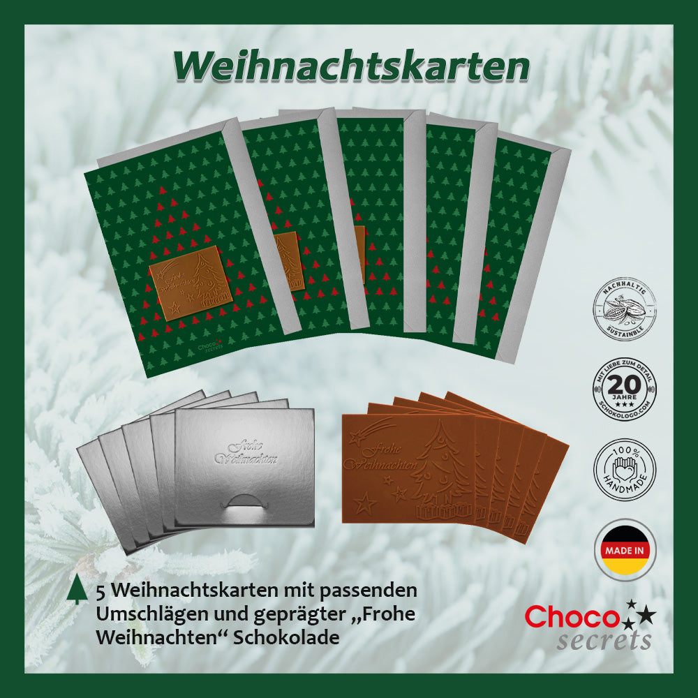 Christmas cards with embossed chocolate in a silver box, set of 5, card design: green with Fir trees, embossed chocolate: "Frohe Weihnachten", envelope in silver