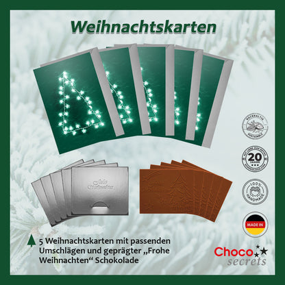 Christmas cards with embossed chocolate in a silver box, set of 5, card design: Christmas tree Lights, embossed chocolate: "Frohe Weihnachten", envelope in silver