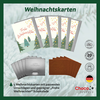 Christmas cards with embossed chocolate in a silver box, set of 5, card design: Christmas trees, embossed chocolate: "Frohe Weihnachten", envelope in silver