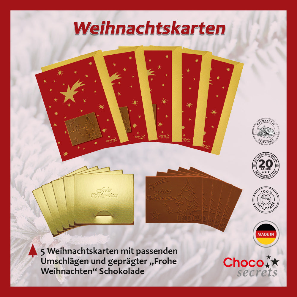 Christmas cards with embossed chocolate in a gold box, set of 5, card design: red with gold stars, embossed chocolate: "Frohe Weihnachten", envelope in gold