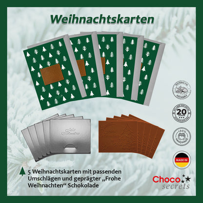 Christmas cards with embossed chocolate in a silver box, set of 5, card design: green with trees, embossed chocolate: "Frohe Weihnachten", envelope in silver