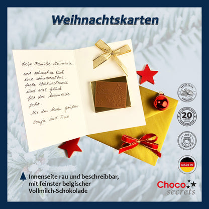 Christmas cards with embossed chocolate in a gold box, set of 5, card design: dark blue sky with Christmas tree, embossed chocolate: "Frohe Weihnachten", envelope in gold