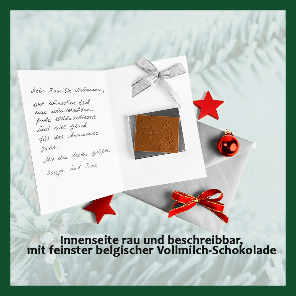 Christmas cards with embossed chocolate in a silver box, set of 5, card design: Christmas tree Lights, embossed chocolate: "Frohe Weihnachten", envelope in silver