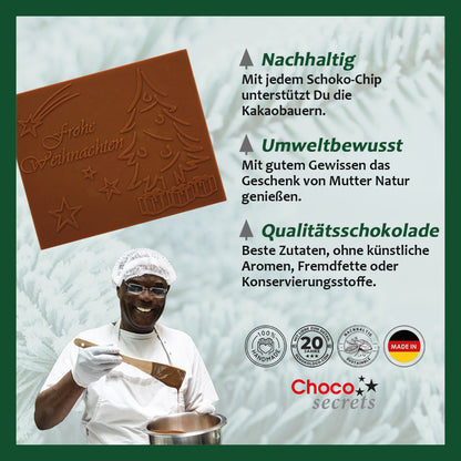 Christmas cards with embossed chocolate in a silver box, set of 5, card design: green with trees, embossed chocolate: "Frohe Weihnachten", envelope in silver
