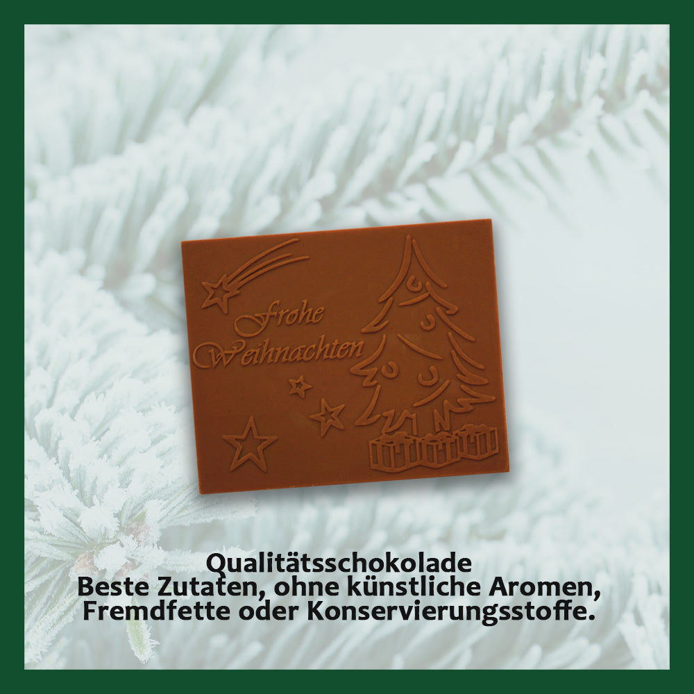 Christmas cards with embossed chocolate in a silver box, set of 5, card design: Christmas trees, embossed chocolate: "Frohe Weihnachten", envelope in silver