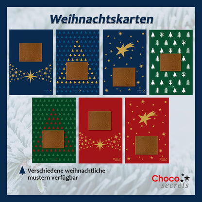 Christmas cards with embossed chocolate in a gold box, set of 5, card design: dark blue sky with gold stars, embossed chocolate: "Frohe Weihnachten", envelope in gold