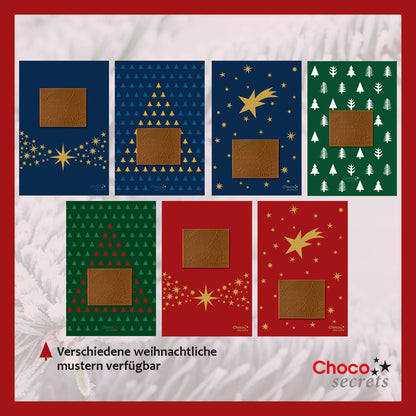 Weihnachtskarten mit Schokoladenprägung in silbernen und goldenen Schachteln, 5er-Set, verschiedene Kartendesigns, Schokoladenprägung: „Frohe Weihnachten“, Umschlag in Silber und Gold
