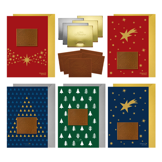 Weihnachtskarten mit Schokoladenprägung in silbernen und goldenen Schachteln, 5er-Set, verschiedene Kartendesigns, Schokoladenprägung: „Frohe Weihnachten“, Umschlag in Silber und Gold