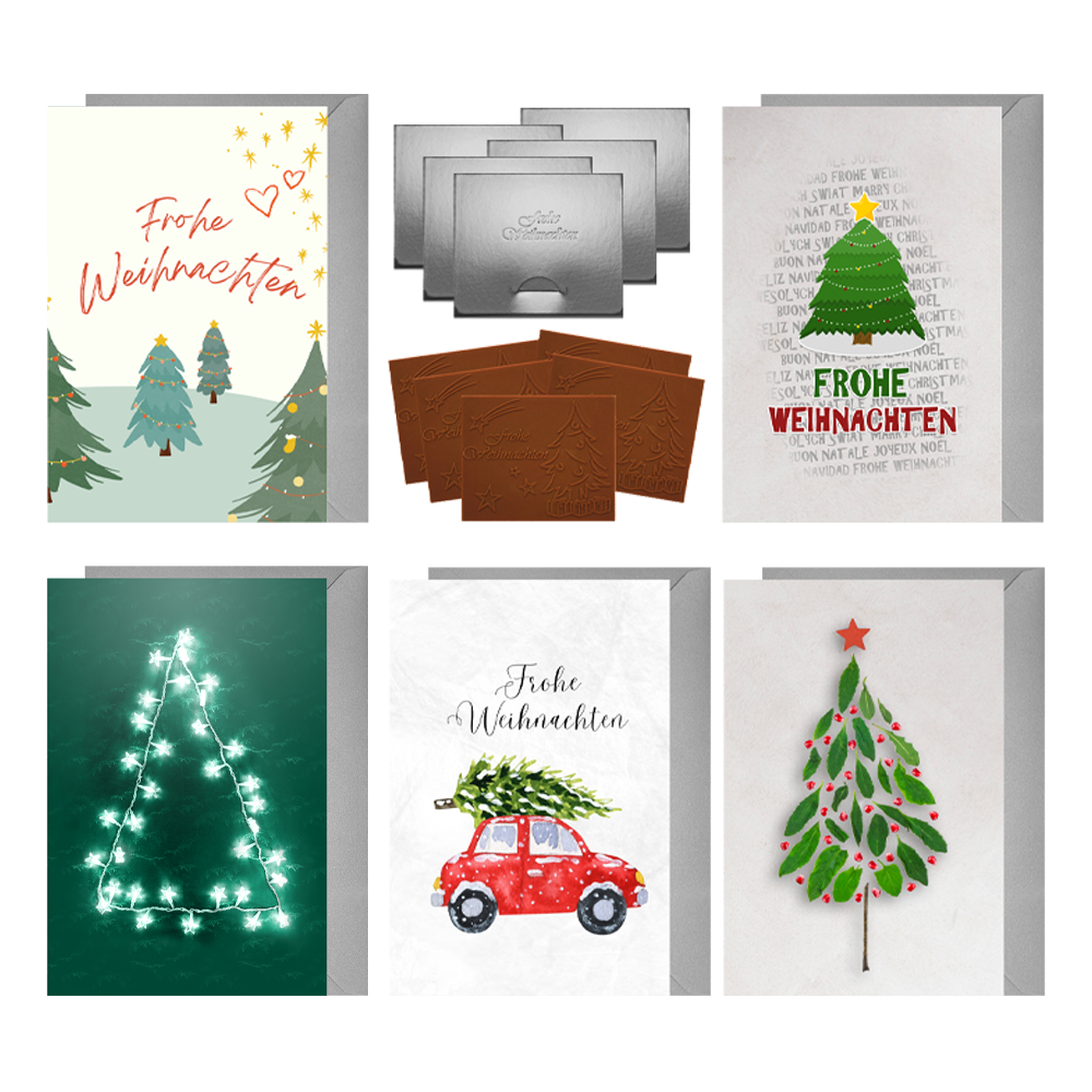 Christmas cards with embossed chocolate in a silver box, set of 5, card design: Mixed Christmas trees, embossed chocolate: "Frohe Weihnachten", envelope in silver