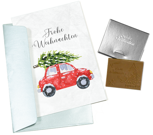 Christmas cards with embossed chocolate in a silver box, set of 5, card design: Christmas tree with Car, embossed chocolate: "Frohe Weihnachten", envelope in silver
