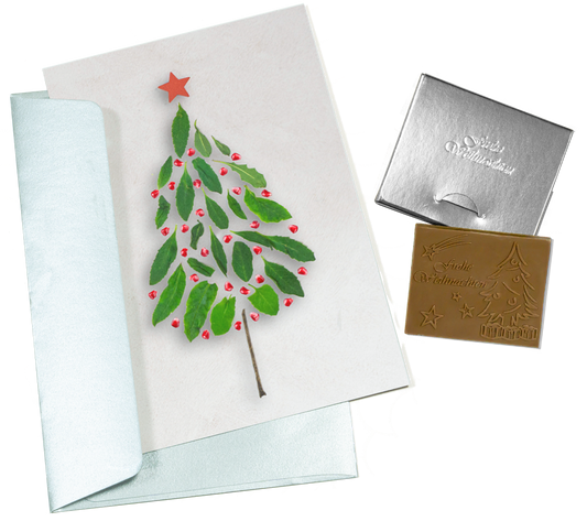 Christmas cards with embossed chocolate in a silver box, set of 5, card design: Leaf Christmas tree, embossed chocolate: "Frohe Weihnachten", envelope in silver