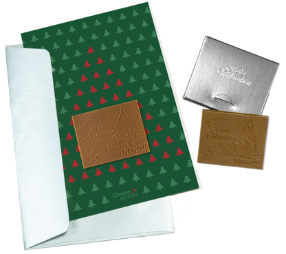 Cartes de Noël avec chocolat en relief dans une boîte en argent, lot de 5,  motif de carte : sapins de Noël, chocolat en relief : Frohe Weihnachten