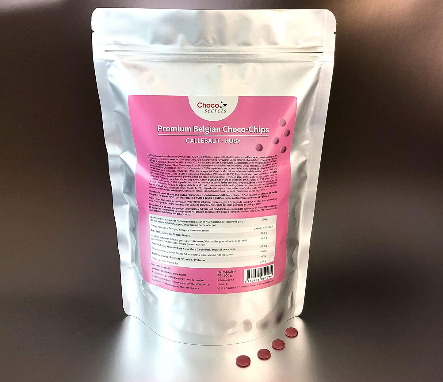 Callebaut Ruby 33.6% Finest Belgian Ruby Chocolate Chips 1 kg, in a resealable Bag